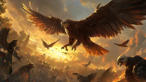 Majestic Eagles in Fiery Sunset Battle Scene, Digital Fantasy Art.