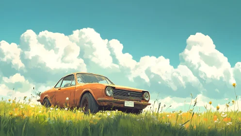Weathered orange car in wildflower field under clouded sky.