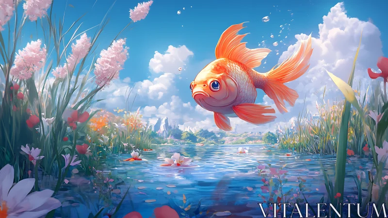Daydreaming goldfish drifts through a sunlit storybook pond.
