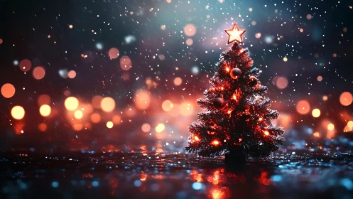 Christmas tree stands lit in snow with blurred city lights