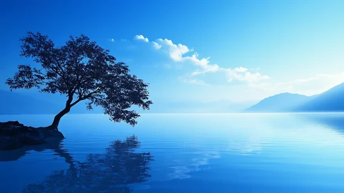 Solitary lakeside tree dreaming over endless blue horizon.