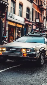 Modified stainless steel car waits on wet city street
