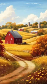 Red barn overlooks rolling golden fields under clear sky