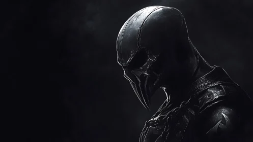 Mysterious dark armored figure in brooding side profile.