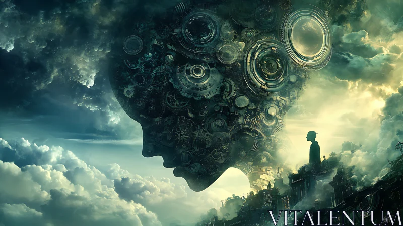 Colossal mechanical head silhouette with gears over cloud city