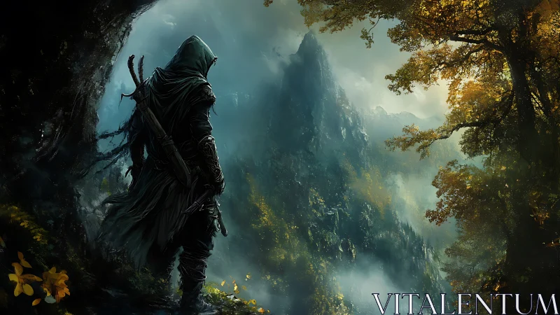 Hooded ranger surveys misty mountain pass at dawn.