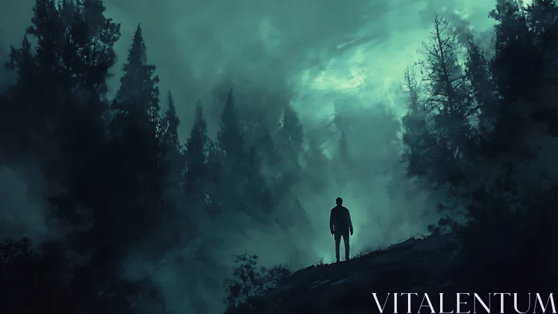 Solitary figure on ridge in dark misty conifer forest.