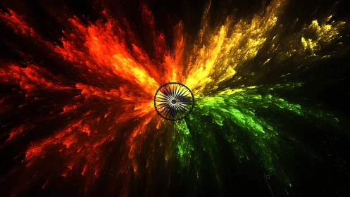 Radial tricolor burst with central spoked wheel motif.