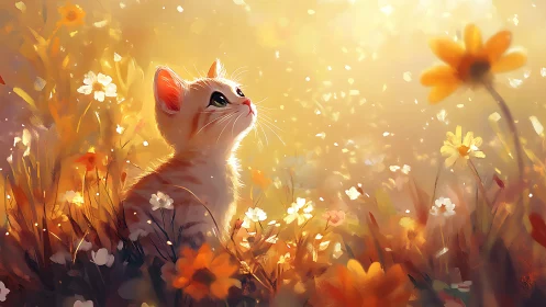 White Cat Gazing Upward in Golden Sunlit Flower Meadow