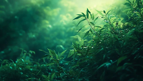 Lush green foliage glows softly in misty forest light.