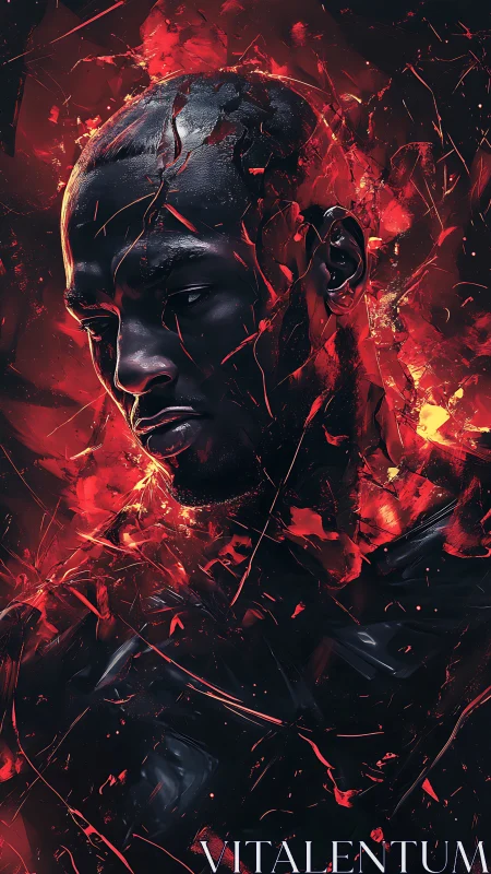 Molten ember portrait of stoic man in fragmented reds.