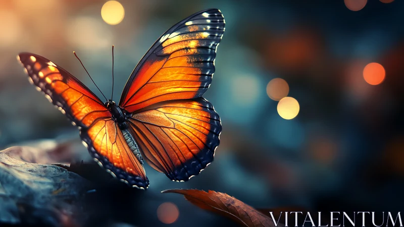Luminous orange butterfly rests on leaf in cool bokeh glow.