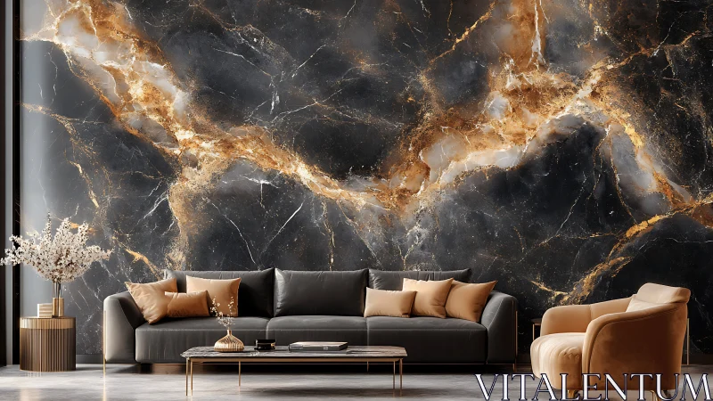 Modern living room with black and gold marble feature wall.