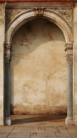 Weathered stone archway frames empty textured plaster wall