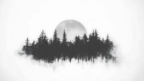 Moonlit pines hover like inkbrush whispers in rising fog