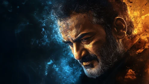 Stoic man portrait split by blazing fire and cold smoke.