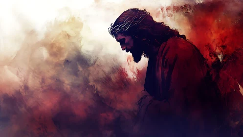 Crimson sorrow bends toward light in a sacred silhouette