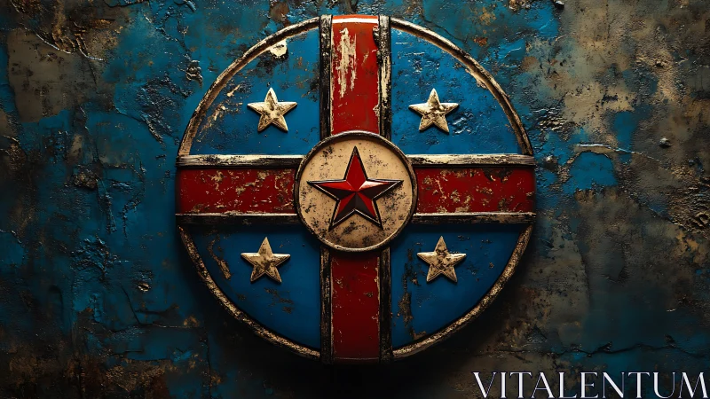 Weathered circular emblem with red and blue star motif design.