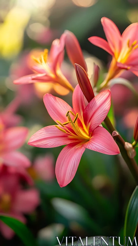 Pink daylily flowers in focused bloom with bokeh background.