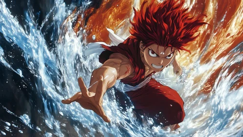 Fire-haired warrior slashes through dueling tides of flame