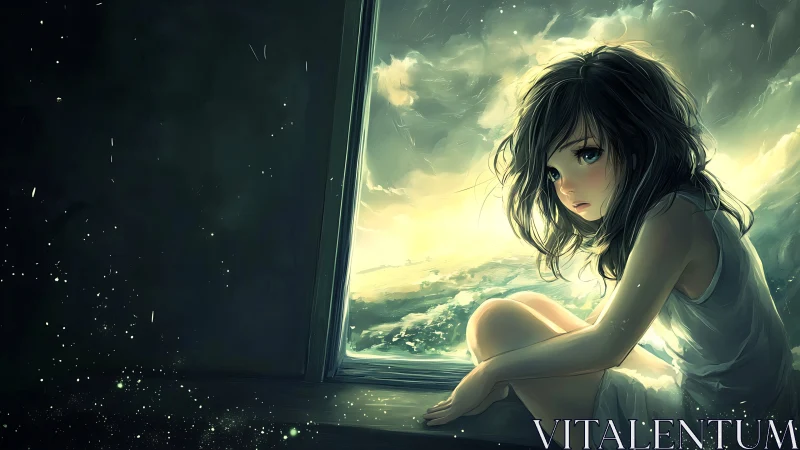 Melancholic girl gazes through a glowing stormlit window