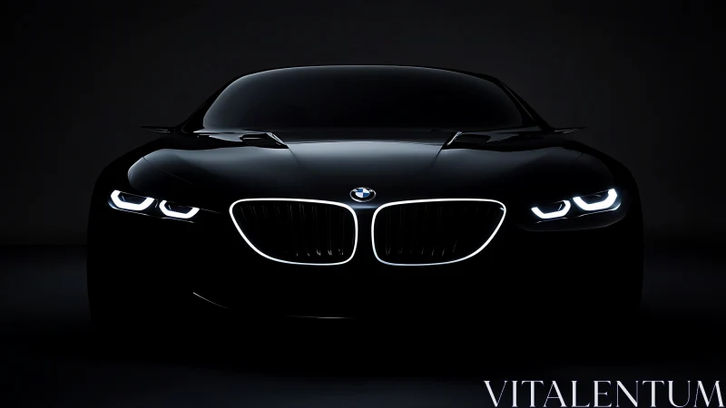 Midnight black BMW coupe front view in dramatic studio lighting.