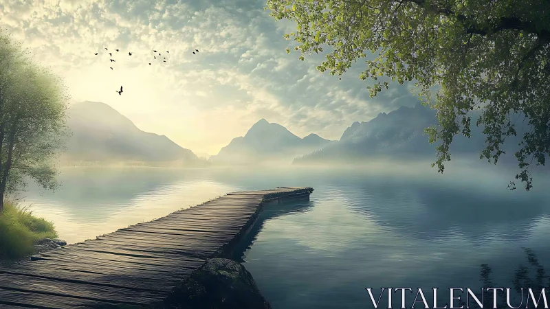 Quiet lakeside pier leading into misty mountain sunrise.