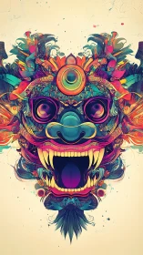 Colorful symmetrical beast mask with ornate graphic detail.