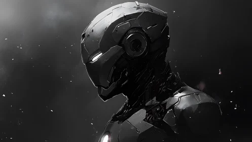 Brooding combat android in fractured glossy armor profile.