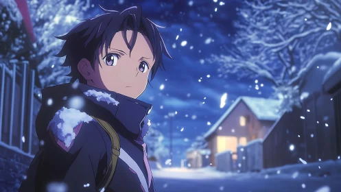 Snow-lit anime street scene with depth-of-field and soft bokeh lighting