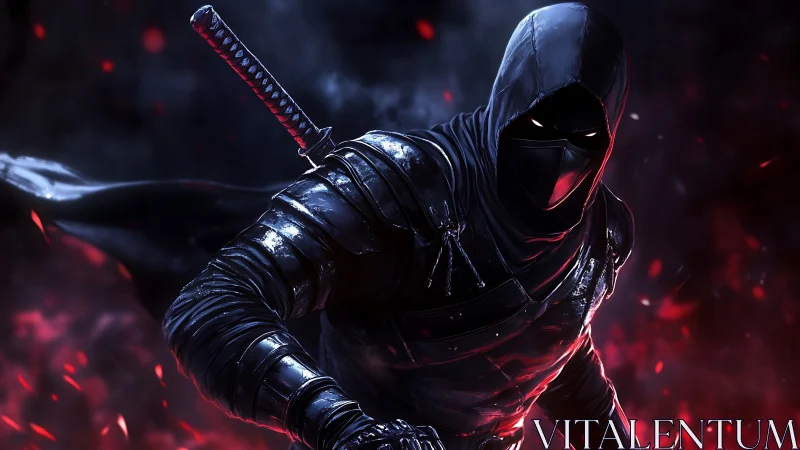 Digital painting of stealth assassin in dynamic red-lit motion.