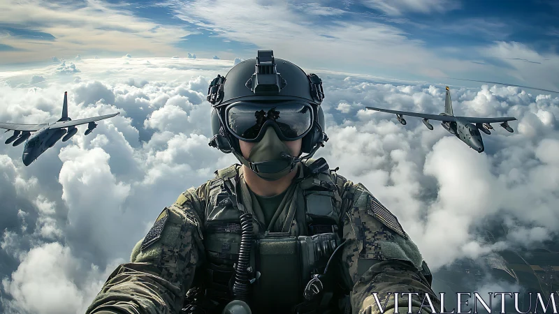 Soldier in flight gear takes aerial selfie with two jets