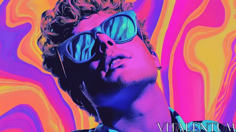 Male portrait in neon gradients with reflective sunglasses.