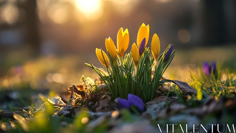 Spring Crocus Cluster Under Golden Hour Illumination.