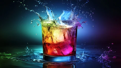 Vibrant Splash in Glass: A Rainbow Beverage in Motion