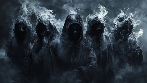 Hooded faceless figures emerging within dense swirling smoke.