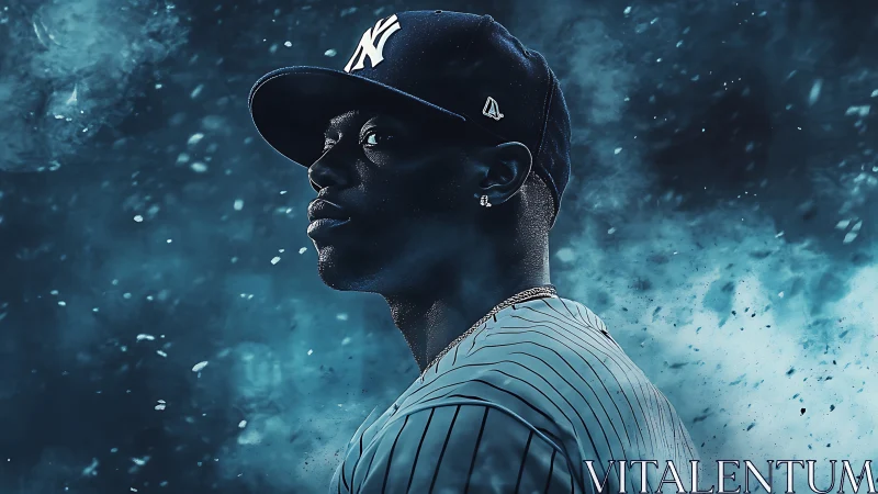 Storm-lit baseball icon emerging from swirling blue grit.
