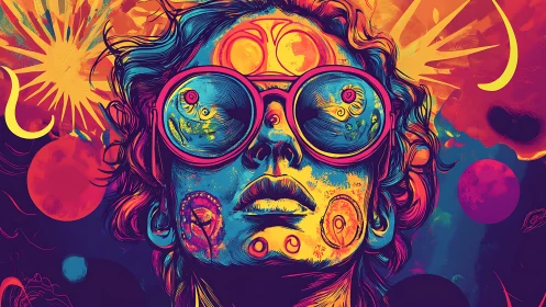 Psychedelic portrait with celestial reflections in glasses.