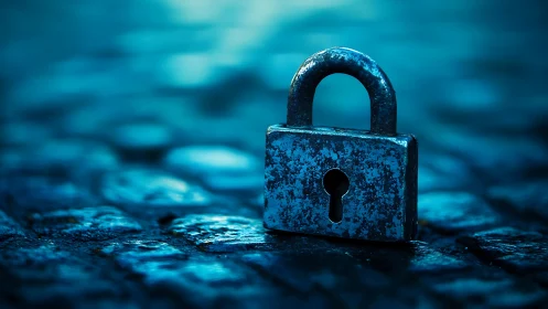 Metal padlock on wet cobblestone surface in blue light.