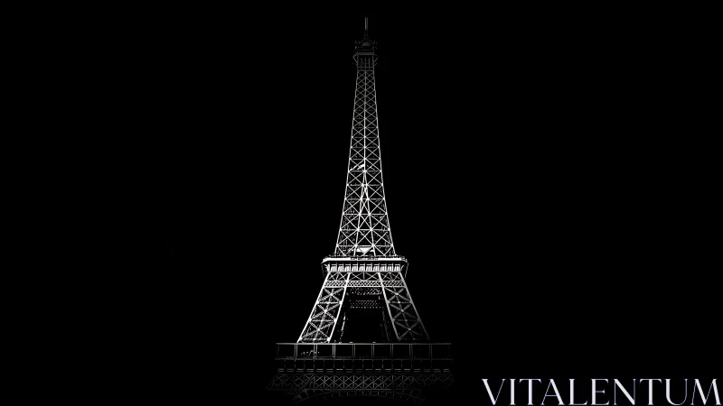 Eiffel Tower stands illuminated against deep black night sky.