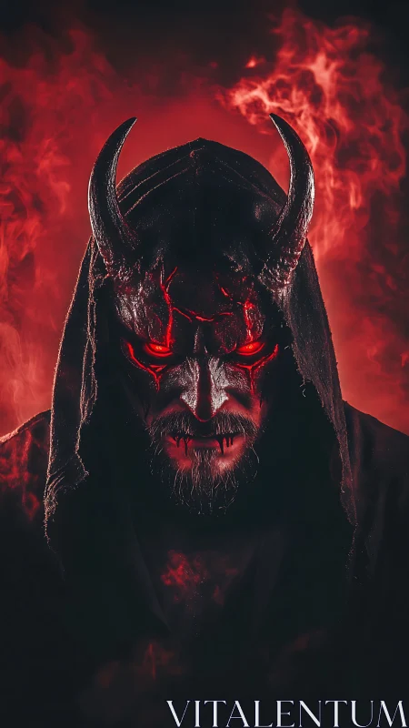 Infernal hooded demon portrait in dramatic red chiaroscuro.