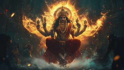 Fiery multi-armed goddess floats over stormy battlefield.