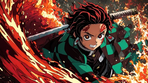 Sword wielding anime fighter surrounded by intense flames.