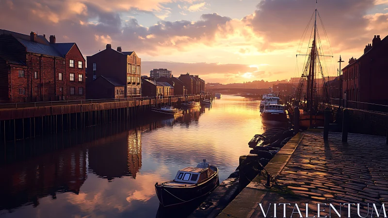 Golden hour river dock with moored boats and brick warehouses