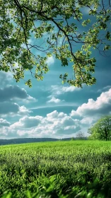 Green meadow under cloudy blue sky with leafy tree canopy.
