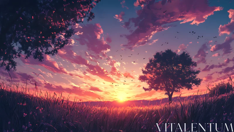 Digital painting sunset meadow with silhouetted trees panorama.