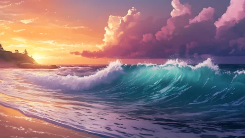 Sunset-lit turquoise breaker along reflective sandy shoreline