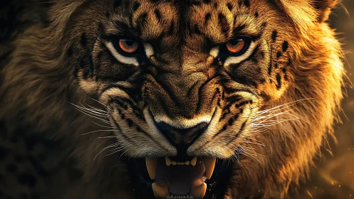 Golden Tiger Snarl with Amber Eyes Against Dark Background.