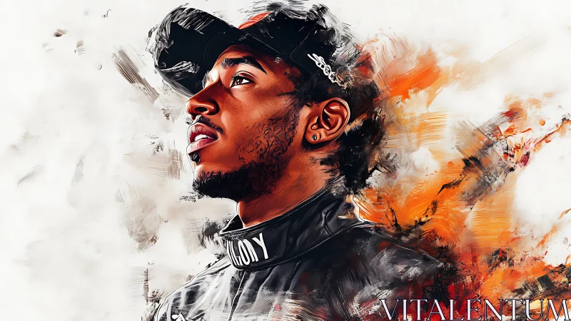 Dynamic racing portrait in expressive digital brushwork.