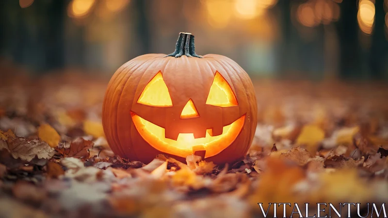 Jack o’lantern grins wide while autumn forest quietly glows